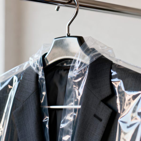 Freshly cleaned gray suit jacket covered in a plastic protective bag hanging on a rack
